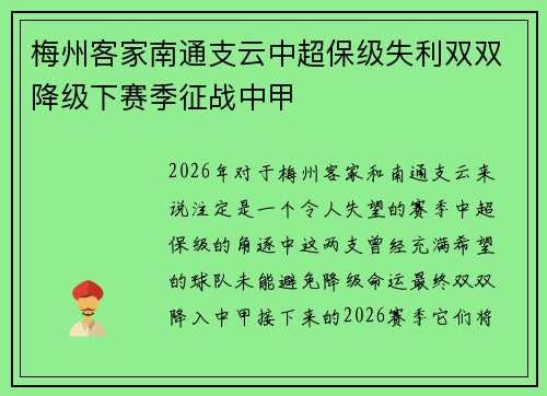 梅州客家南通支云中超保级失利双双降级下赛季征战中甲 梅州客家南通支云中超保级失利双双降级下赛季征战中甲